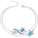 Fenthring Turtle Anklet Blue Opal Sea Turtle Ankle Bracelets for Women Sterling Silver Infinity Wave Ocean Beach Summer Foot Bracelet Jewelry Layered Adjustable