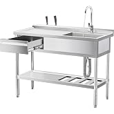 WOEDEN 47" 304 Stainless Steel Sink Free-Standing Kitchen Sink with Workbench, Drawer Storage &amp; Hot/Cold Water Pipes for Laundry, Farmhouse &amp; Outdoor Use