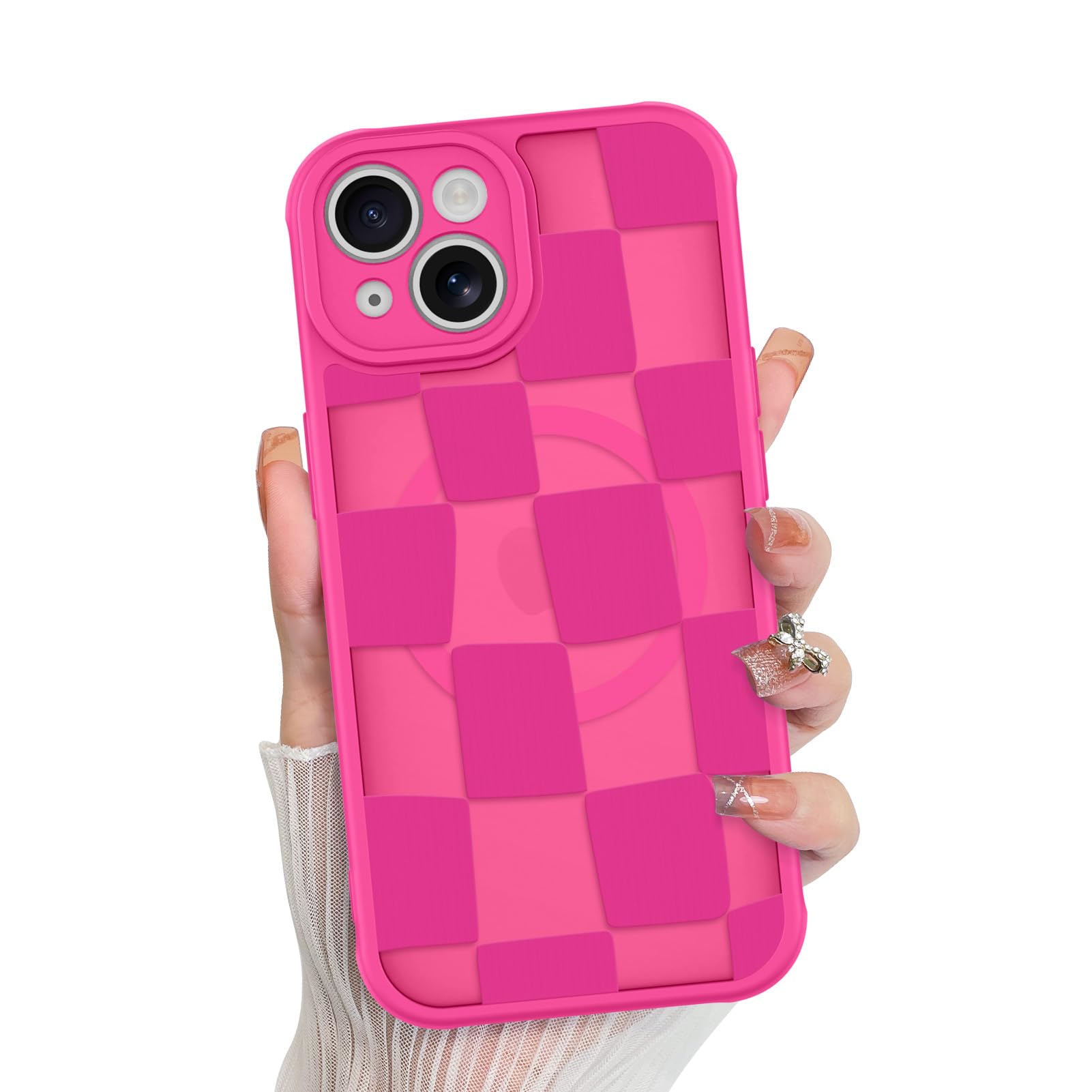 KANGHAR for iPhone 13 Case Checkered Cute Pattern Matte Aesthetic Magnetic [Compatible with Magsafe] Slim Shockproof Full Body Protection for Girls Women -Hot Pink