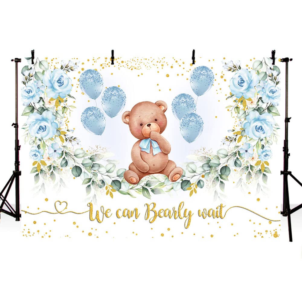 MEHOFOND 7x5ft Green And Gold Eucalyptus Leaves Bear Baby Shower Backdrop for Blue Flower Balloons We Can Bearly Wait Photography Background Party Cake Smash Decoration