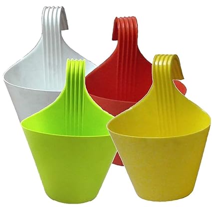 PUSHPVILLA Plastic Railing Vertical Hook Hanging Planters, Multicolour, 29.5 cm x 21.7 cm x 14.5 cm, 4 Pieces