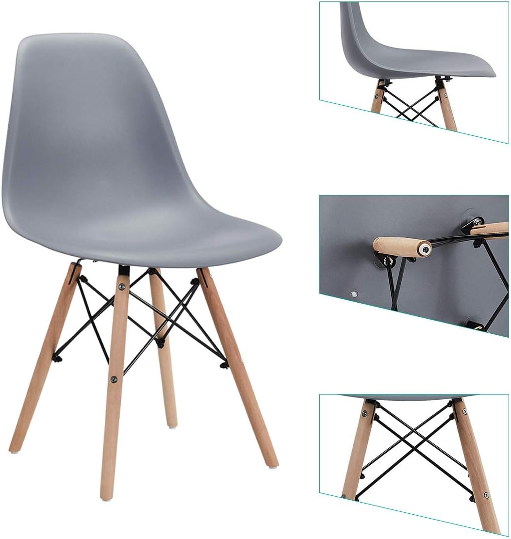 CangLong Modern Mid-Century Shell Lounge Plastic DSW Natural Wooden Legs for Kitchen, Dining, Bedroom, Living Room Side Chairs, Set of 2, Grey - Chairs