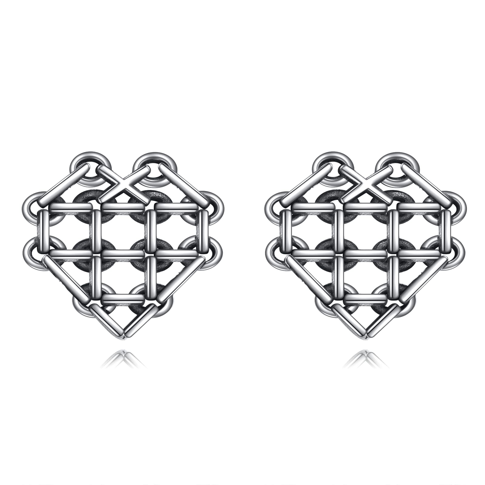 Heart Stud Earrings for Women Girls 925 Sterling Silver Forever Love Grid Heart Jewellery Gift