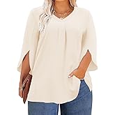 ForHailey Womens Plus Size 3/4 Sleeve Chiffon Blouse Summer Dressy Shirts V Neck Tunic Casual Loose Flowy Tops XL - 5XL