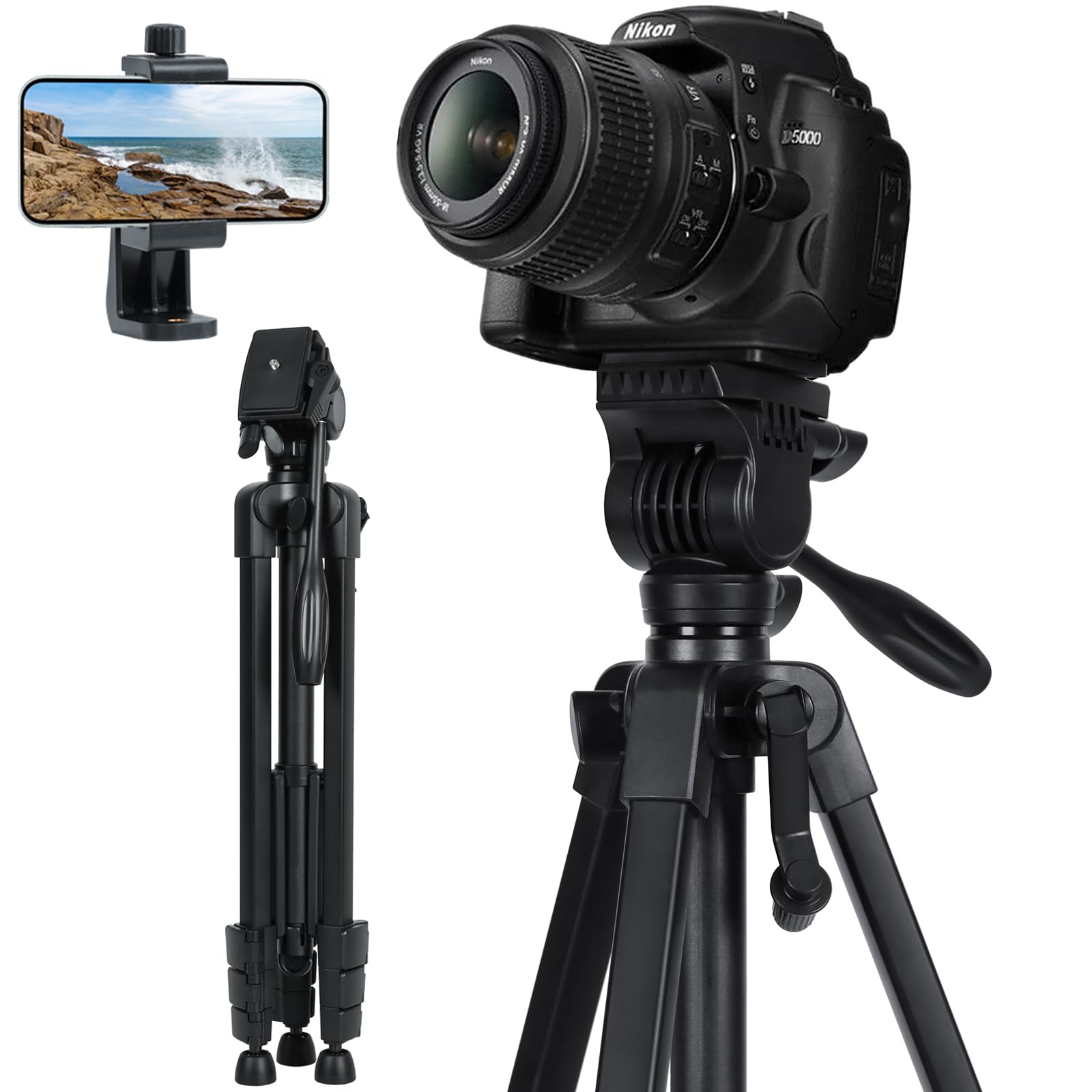 LINKCOOL Fluid Head Tripod - 59" Aluminum Video Tripod with Quick Release Plate for Canon, Nikon, Sony DSLR Cameras & Camcorders