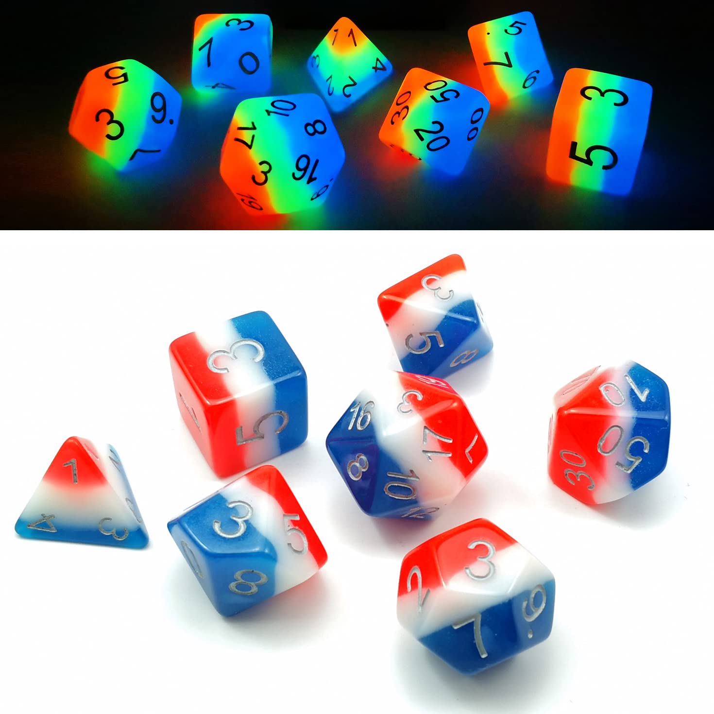 Bescon Glowing Polyhedral Dice 7pcs Set FRENCH KISS, Luminous RPG Dice Glow in Dark,DND Role Playing Game Dice