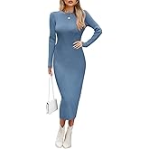 Wkior Women Long Sleeve Midi Dress Crewneck Bodycon Ribbed Knit Slim Sweater Dress 2025 Fall Trendy Outfits