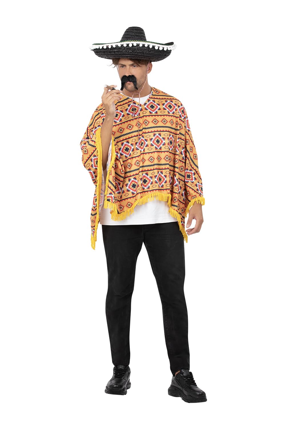 Smiffys Adult Mexican Poncho Costume Kit – Western Fiesta Fancy Dress Outfit – Includes Poncho, Fake Moustache & Cigar – One Size Mens Womens Unisex Party Costume
