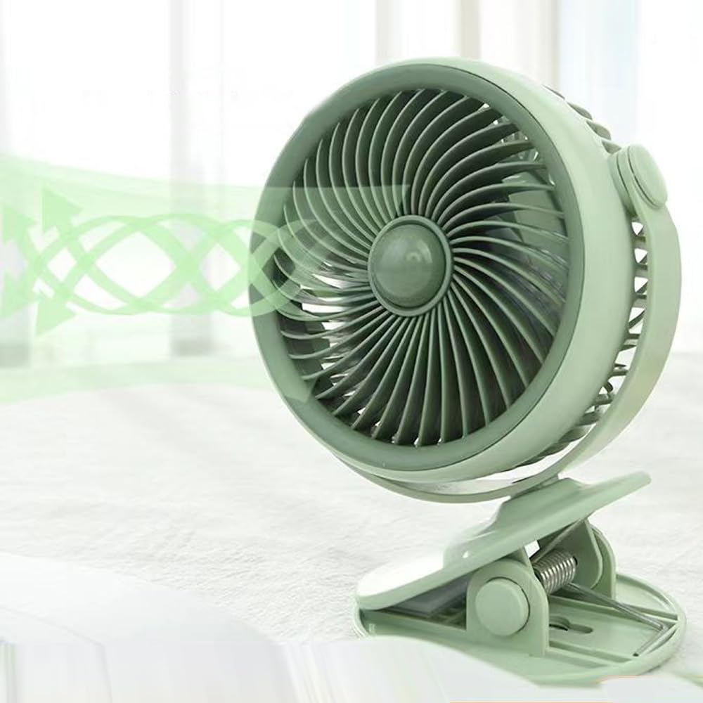 YZYOE Rechargeable Clip Fan with LED Lights, Portable Powerful Clip Multifunctional Fan, Three Speed Mode, Adjustable Angle fan with Warm Light Yellow Light.