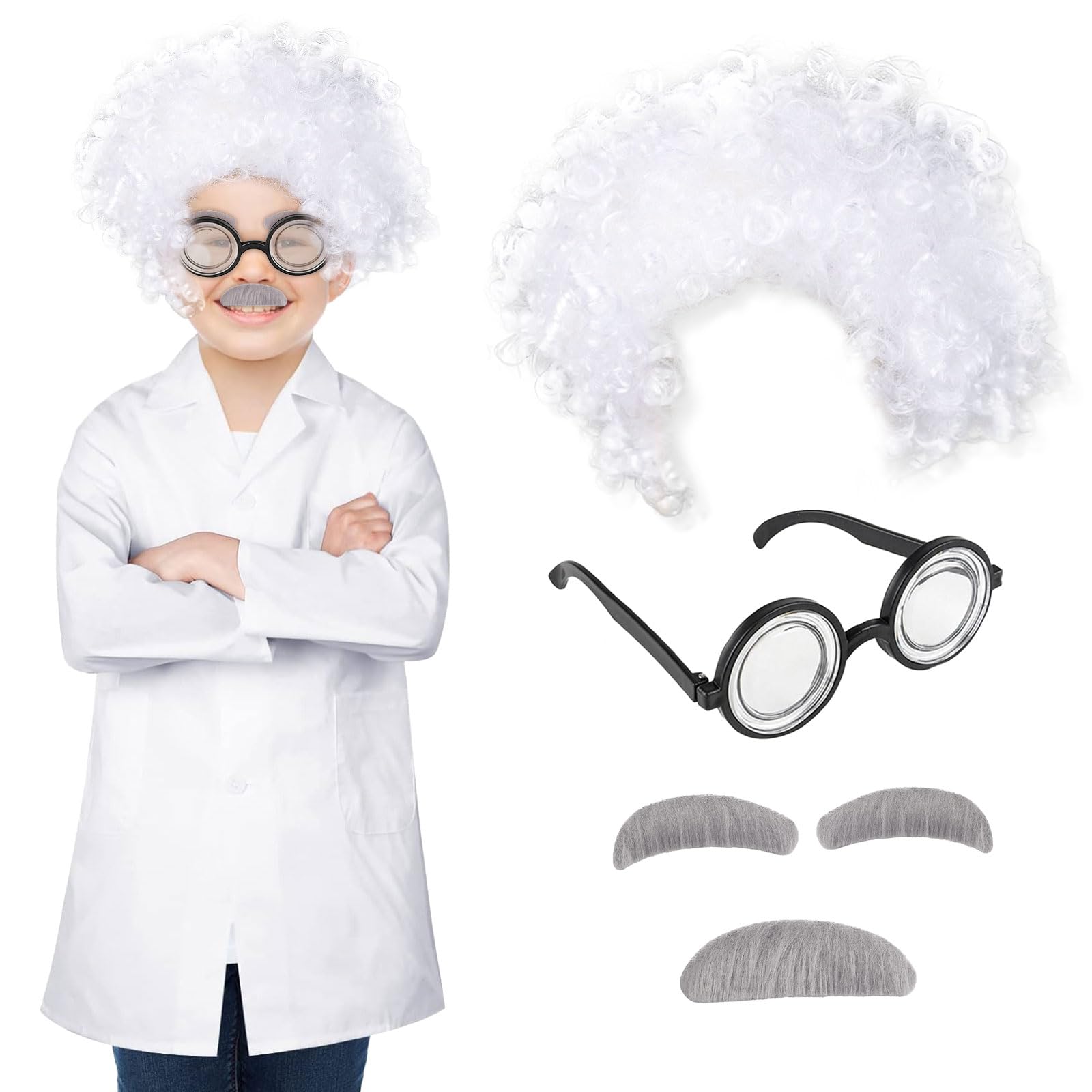 TSHAOUN 4 Pieces Mad Scientist Costume Include Lab Wig Funny Nerd Glasses Mustaches Eyebrows Frizzy White Scientist Lunatic Wig Old Man Costume Fancy Dress for Festival Party Stage Cosplay (4PCS)