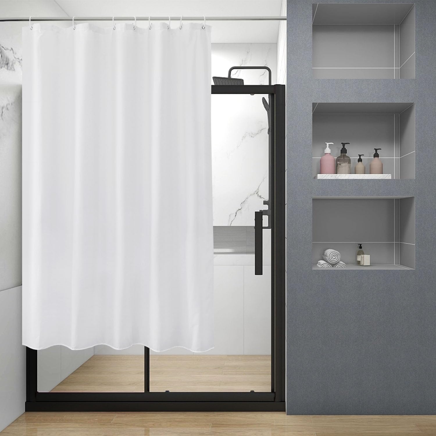 EurCross Short Shower Curtain 150cm Drop with 8 Free Hooks, Water repellent White Fabric Stall Shower Curtain 120 x 150 cm Long,Easy Clean Machine Washable — image 1