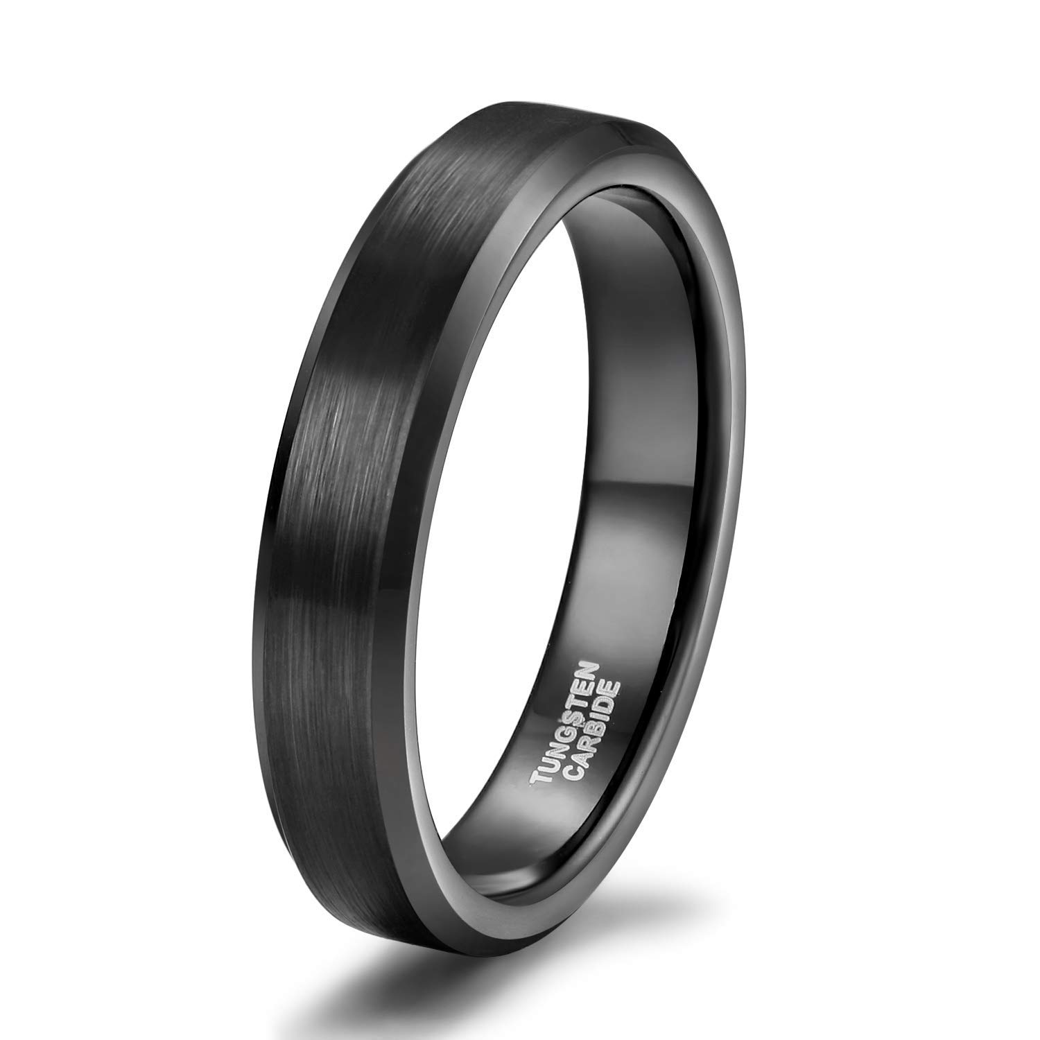 Titaniumcentral 4mm 6mm 8mm Tungsten Carbide Ring for Men Women Beveled Edge Brushed Engagement Wedding Band Comfort Fit (Black 4mm,Size N 1/2)
