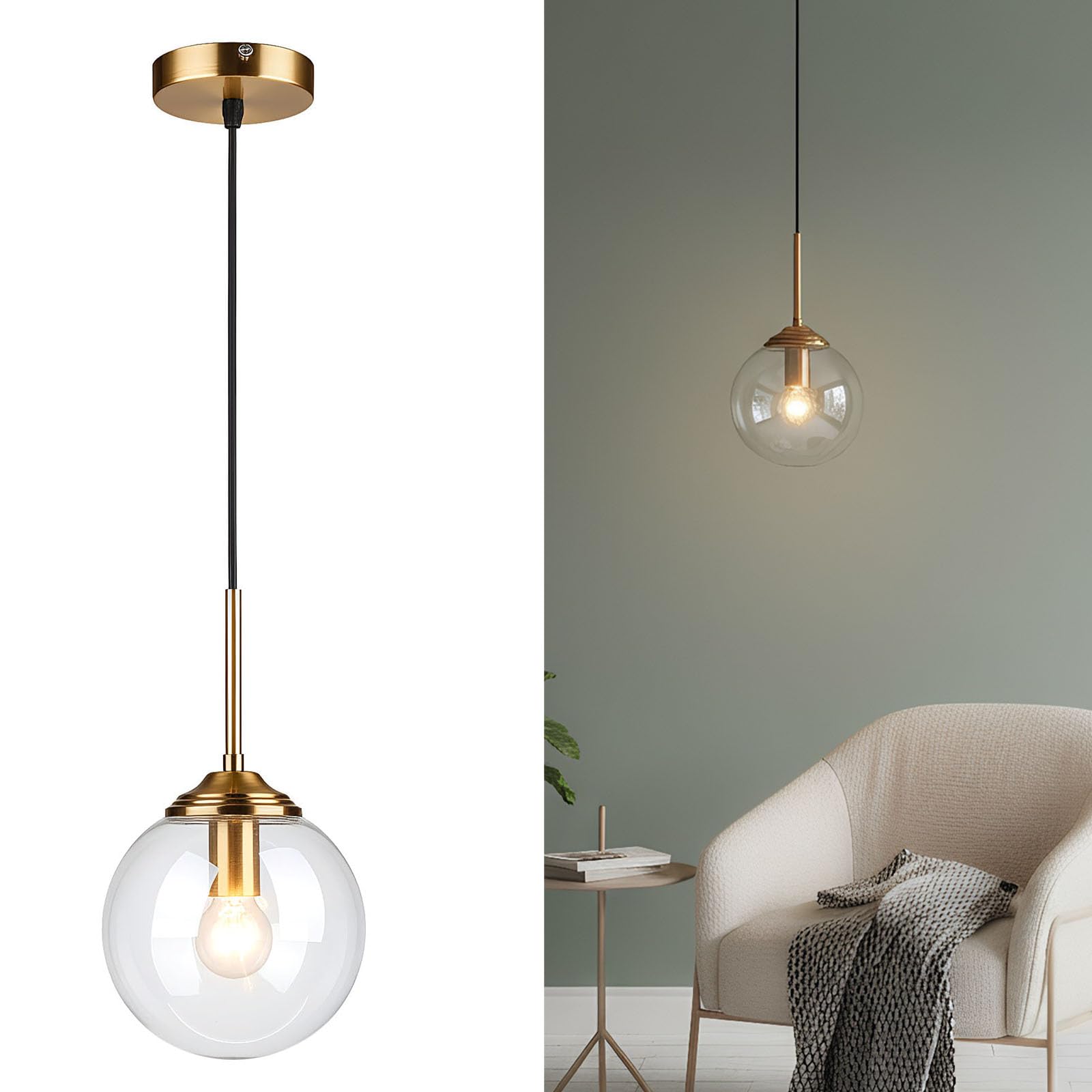 LFsem Gold Pendant Light Fixture with 15cm Glass Globe Shade, Industrial Vintage E27 Adjustable Hanging Ceiling Lamp for Dining Room Bedroom Kitchen & Cafe (Clear, 1 Pack)