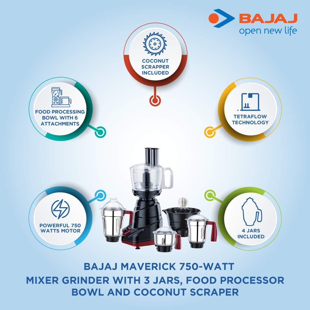 Mixer Grinder 750W With 3 Jars Food Processor Bowl and Coconut Scraper
