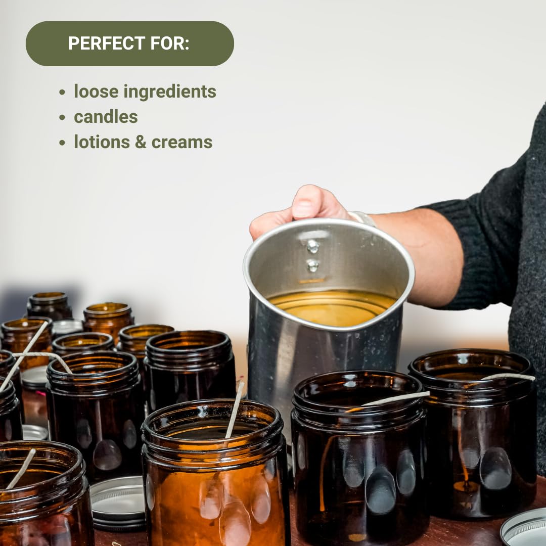 Glass Amber 16oz Jar - 12 Packs, Empty Round Jars For Beauty Products, Lotion, and Powders - Black Lid - Small Candle Jars