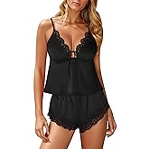 Kolagri Sexy Satin Pajama Set for Women Lace Lingerie Bow Ties Slip Sleepwear Cami Shorts Set Nightwear S-XXL
