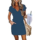 SAUKOLE Women Summer T Shirt Dress Casual Short Sleeve V Neck Dress with Pockets Drawstring Waist Short Dresses