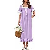 Ekouaer Cotton Nightgowns for Women Vintage Victorian Nightgown Short Sleeve Lace Night Gown Long Nightdress Soft Nightshirt