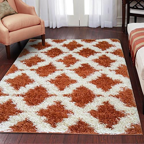Homedora Shaggy Area Rug Fretwork Moroccan Trellis Lattice Design Soft &amp; Pile, Thick Plush Bedroom Living Dining Kids Shag Floor Rug Halloween Orange 4' x 6'