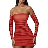 XXTAXN Women's Fall Long Sleeve Mesh Ruched Party Cocktail Mini Bilayer Bodycon Dress