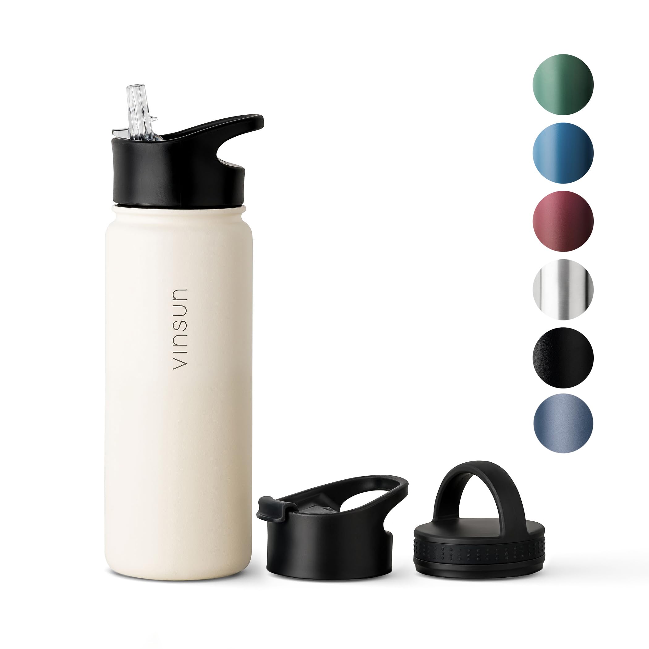 Vinsun Stainless Steel Water Bottle 500ml - Leakproof, BPA Free, Hot and Cold Drinks - 3 Lids - Vacuum Insulated Thermo Flask - Travel, Sports, Bike, School, Work