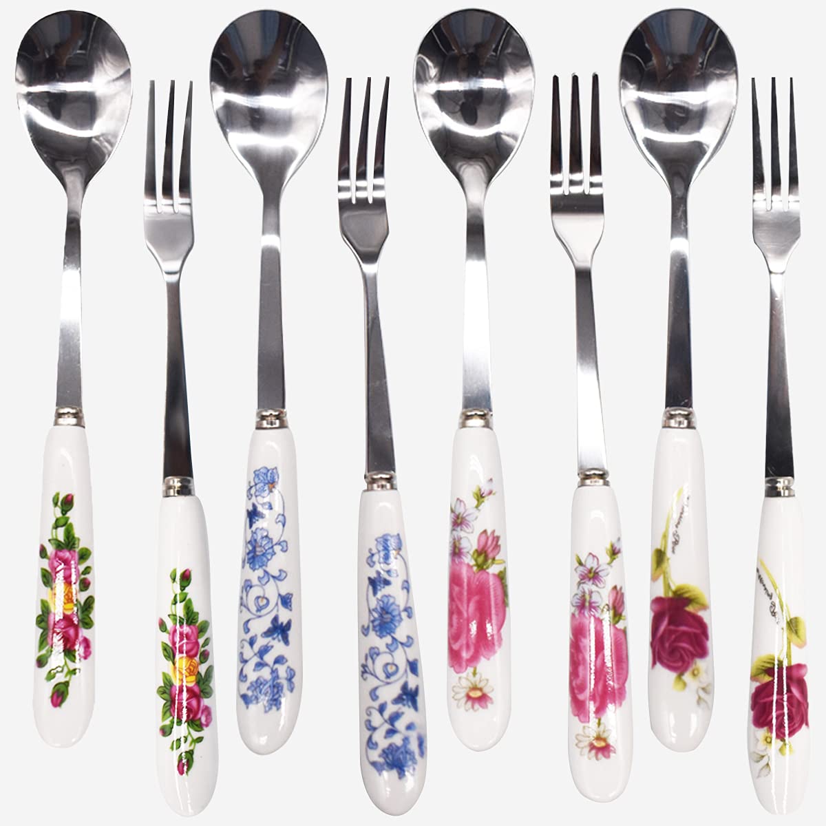 Coffee Spoon,Forreen 8 PCS Dessert Forks Beautiful Flowers Print Porcelain Dessert Spoon Stainless Steel Cake Fork with Decorative Porcelain Handles for Dessert Sundaes Ice Creams Lattes Coffee