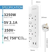 PARTH 2M Extension Lead with USB Slots 3 Way 13A 2 Metre 3 Gang view 2