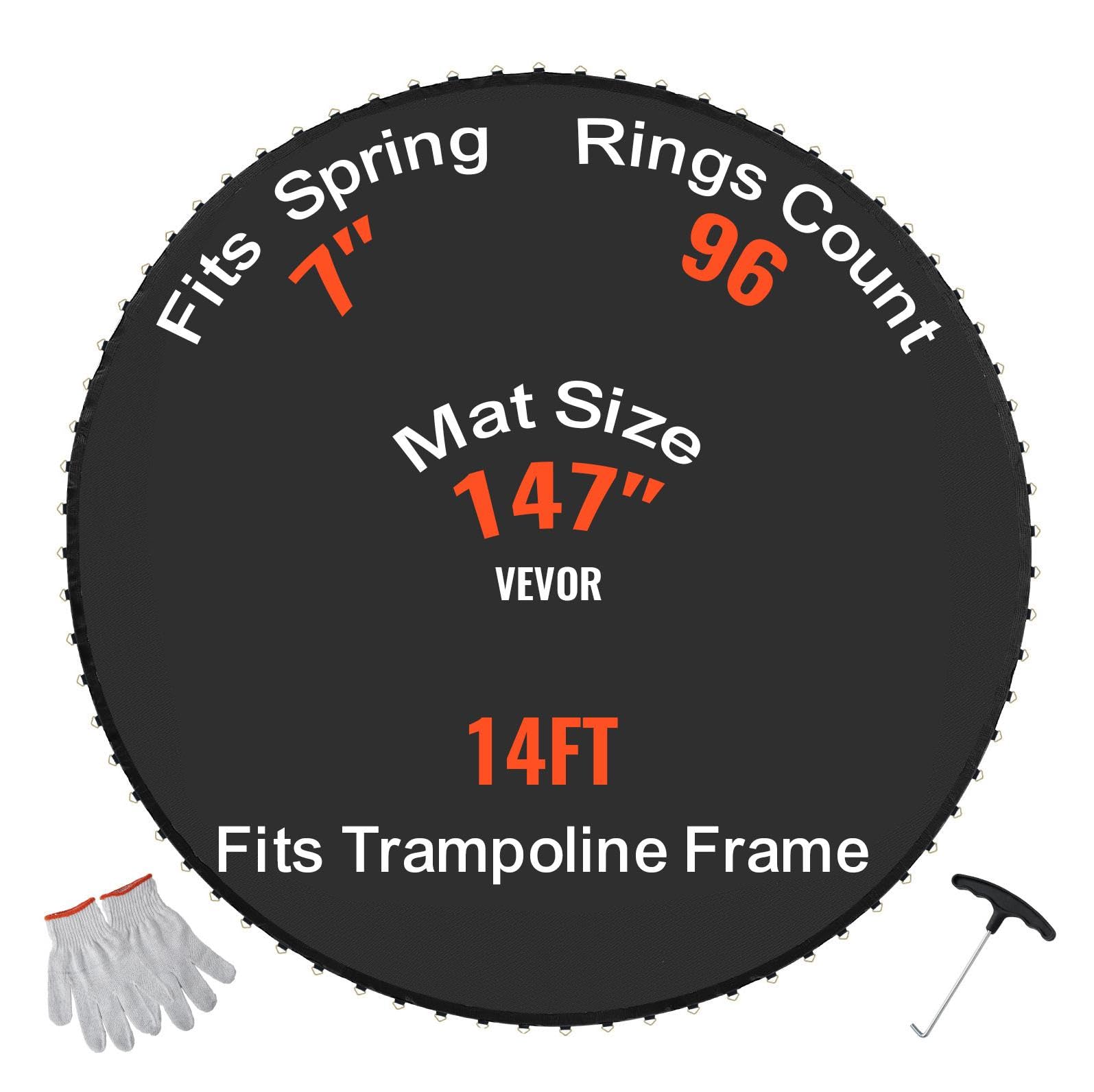 Photo 1 of VEVOR Replacement Trampoline Mat, Jumping Mat Fits 14ft Frame, Universal Jumping Mat for 14ft Round Trampoline, Reinforce UV-Resistant Mat with Spring Tool & Durable V-Rings, Fit 7" Spring Length
