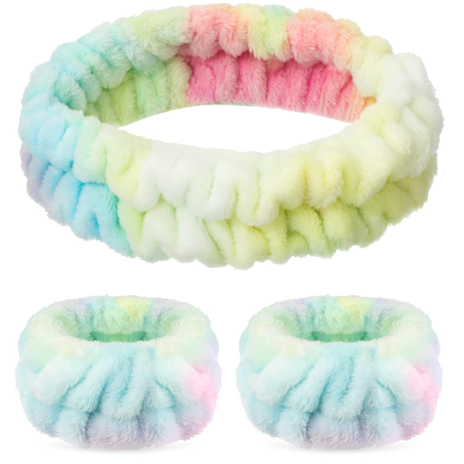 3 Pcs Spa Headband Wrist Washband Set Soft Spa Facial Makeup Skincare Headband Elastic Wrist Sweatband Yoga Sports Shower Fluffy Facial Washing Band for Women Men Gift(Tie Dye,Colorful) — image 1