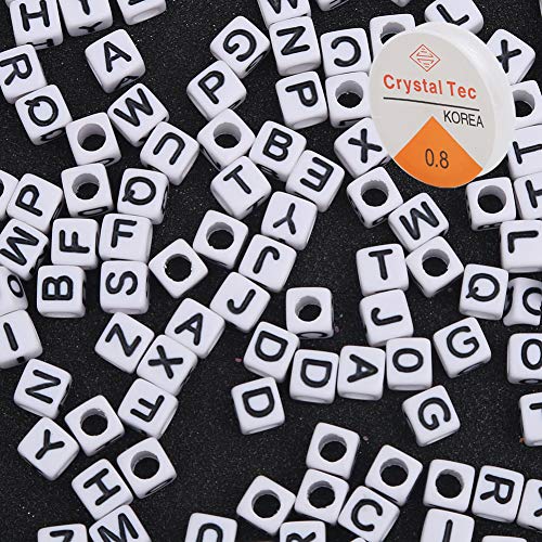 Letter beads alphabet beads for kids kandi beads for jewelry making supplies 600Pcs white acrylic alphabet letter A-Z cube beads for bracelets necklace key chains and kids jewelry elastic stretch cord