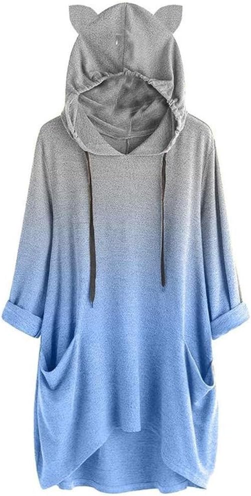 Plus Size Womens Hooded Blouse Girls Casual Cartoon Print Short Sleeve Pockets T Shirt Tunic Tops