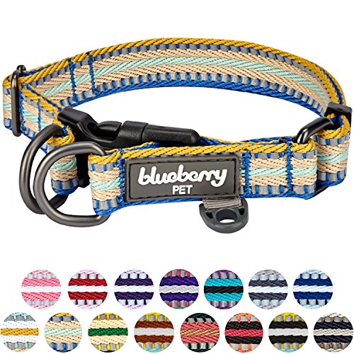 Blueberry Pet 15 Colors 3M Reflective Multi-colored Stripe Dog Collar, Ginger and Blue, Medium, Neck 14.5