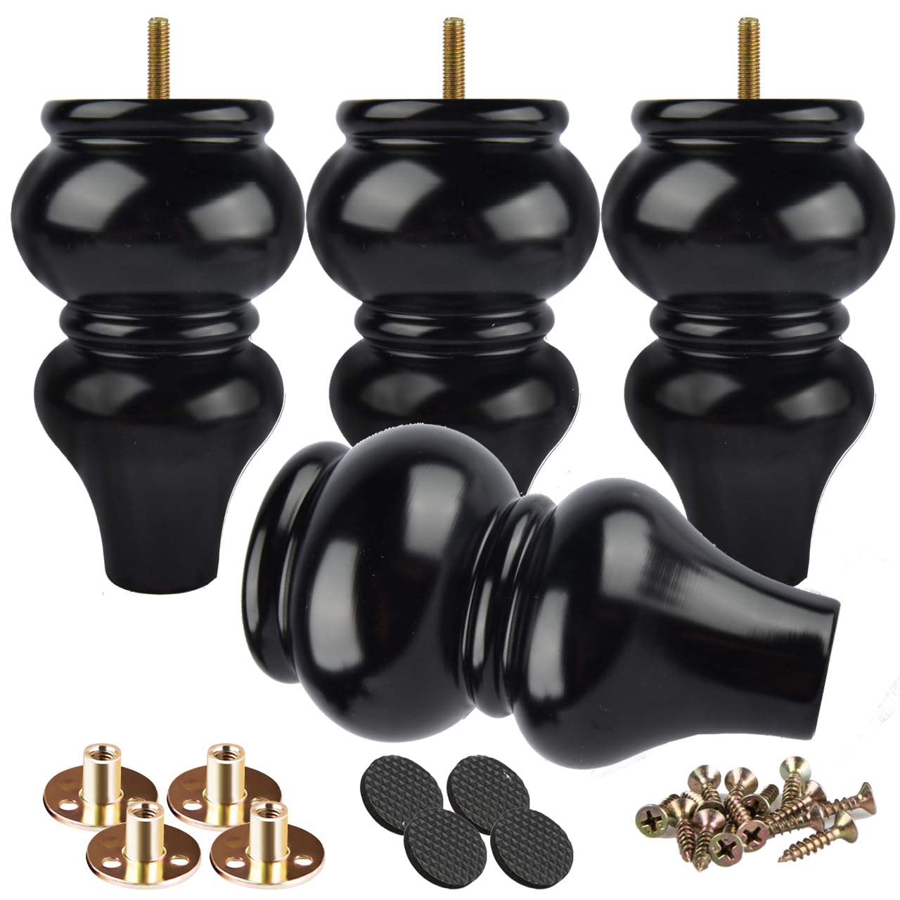 Btowin 8 Inch / 20cm Solid Wood Furniture Legs,4Pcs Couch Legs Wooden Bun Feet Sofa Feet with Threaded M8 Hanger Bolts &Mounting Plate &Screws for Sofa Cabinet Ottoman Armchair,Black