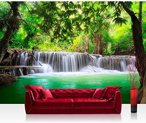 Photo wallpaper - waterfall trees forest lake - 157.4"W by 110.2"H (400x280cm) - Non-woven PREMIUM PLUS - DEEP FOREST WATERFALLS - Wall Decor Photo Wall Mural Door Wall Paper Posters &amp; Prints