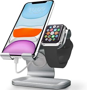 Cellphone and Apple Watch Stand, ZVEdeng 2 in1 Universal Desktop Stand Holder for iPhone, iPhone 11 Pro Max, iPhone 11, iPhone 11 Pro, Phone and Apple Watch(38mm-42mm)-Gray Leather