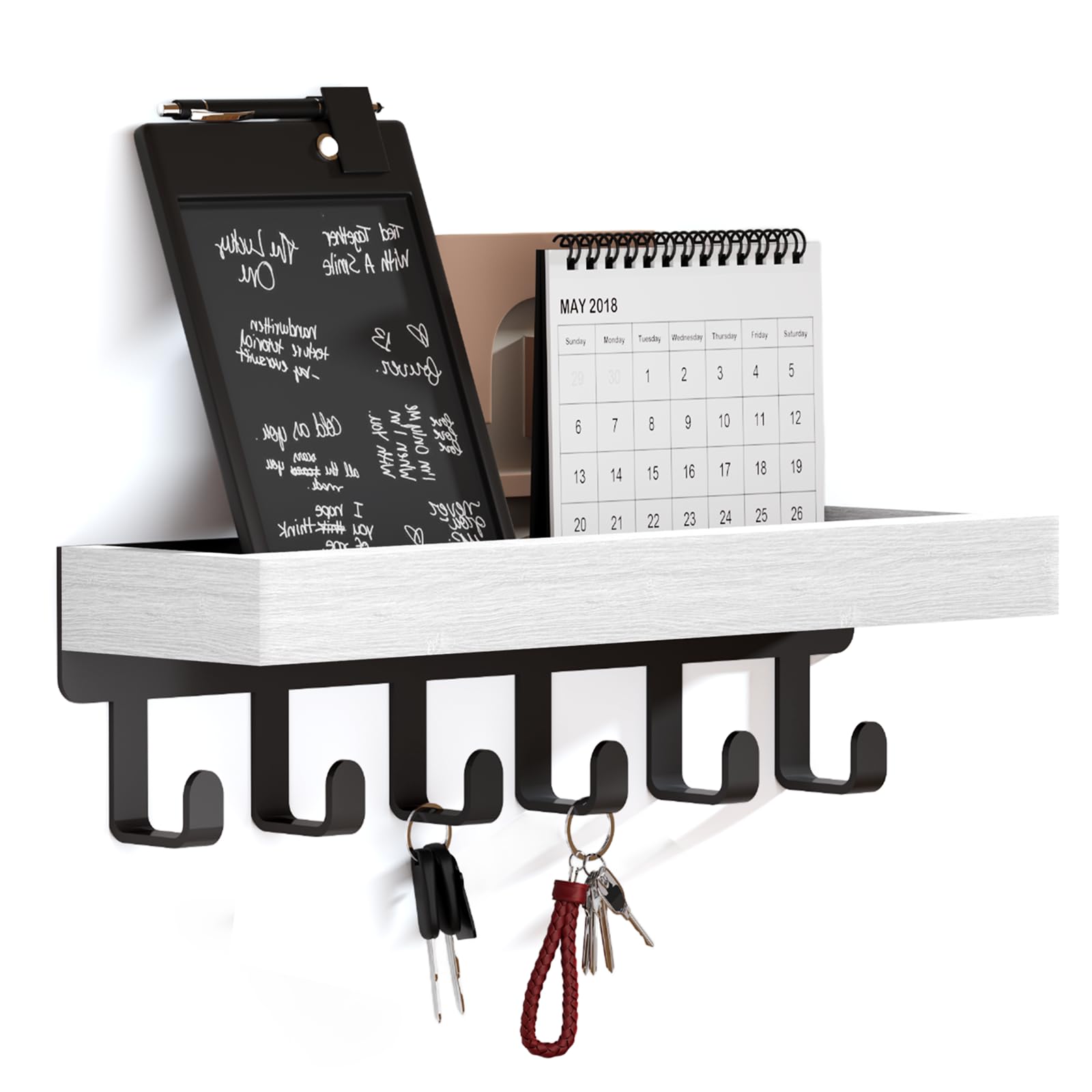 SWTYMIKI Key Holder with Wood Tray and 6 Hooks, Wall Mounted Key Racks, Key Hangers Home Decor Key Rack Mail Organizer for Hallway, Entryway, Bedroom, Mudroom, Office