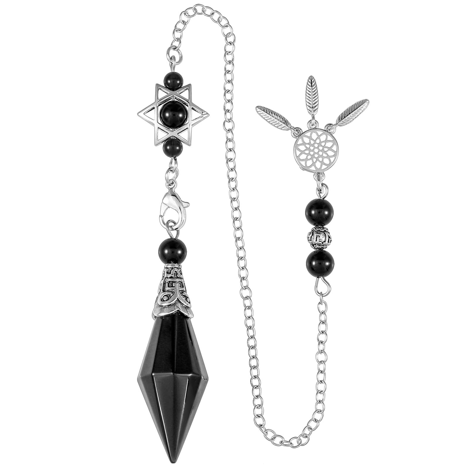 Nupuyai Obsidian Crystal Stone Point Pendulum for Divination Scrying Dowsing, Healing Stone Pendulum with Merkaba Star Dream Catcher Chain