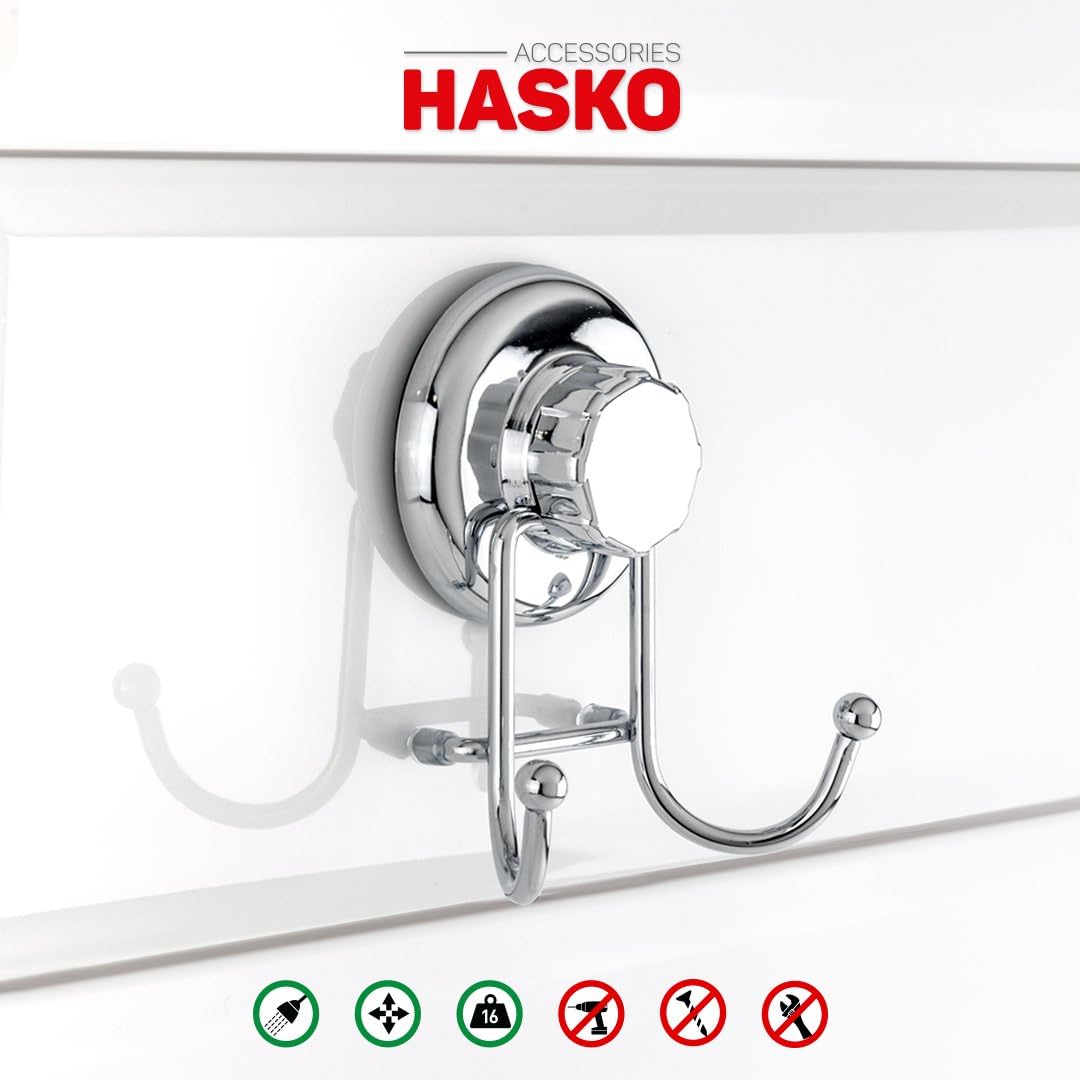 HASKO accessories - Powerful Vacuum Suction Cup Hook Holder - Organizer for Towel, Bathrobe and Loofah - Strong Stainless Steel Hooks for Bathroom & Kitchen, Towel Hanger Storage, Chrome (2 Pack): Home & Kitchen