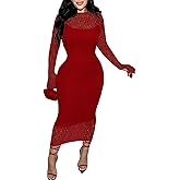 Doweha Womens Sexy Bodycon Lace Dress Elegant Long Sleeve Midi 2 Piece Dress Sets Cocktail Party Birthday Date Night Outfit