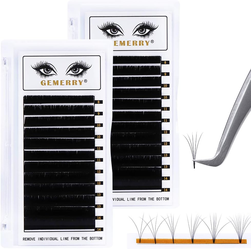2 Trays Easy Fan Lash Extensions C curl 0.07mm 8-14mm Mmix Russian Volume Noir Lash Tray Automatic Flowering Blooming Self Fanning Lashes Long Individual Lashes Gemerry Lash(2x0.07-c curl-8-14mm)