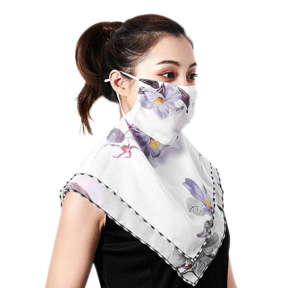 Qchomee Womens Sun Mask Cover Sun Protection Face Veil Scarf with Adjustable Ear Loops Breathable Summer Print Silk Neck Gaiter UV Protection Bandana for Face Neck Outdoor Activities