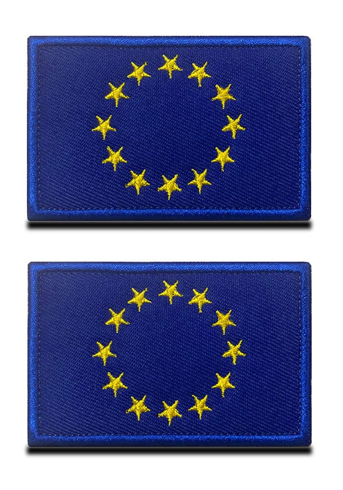 Pack of 2 PCS Tactical EU Flag Patch - Blue European Union Patch- Hook & Loop Embroidered Fastener-Team Work Uniform Clothes Bags Cap Vest Dog Harness Sew on Military Emblem Patches