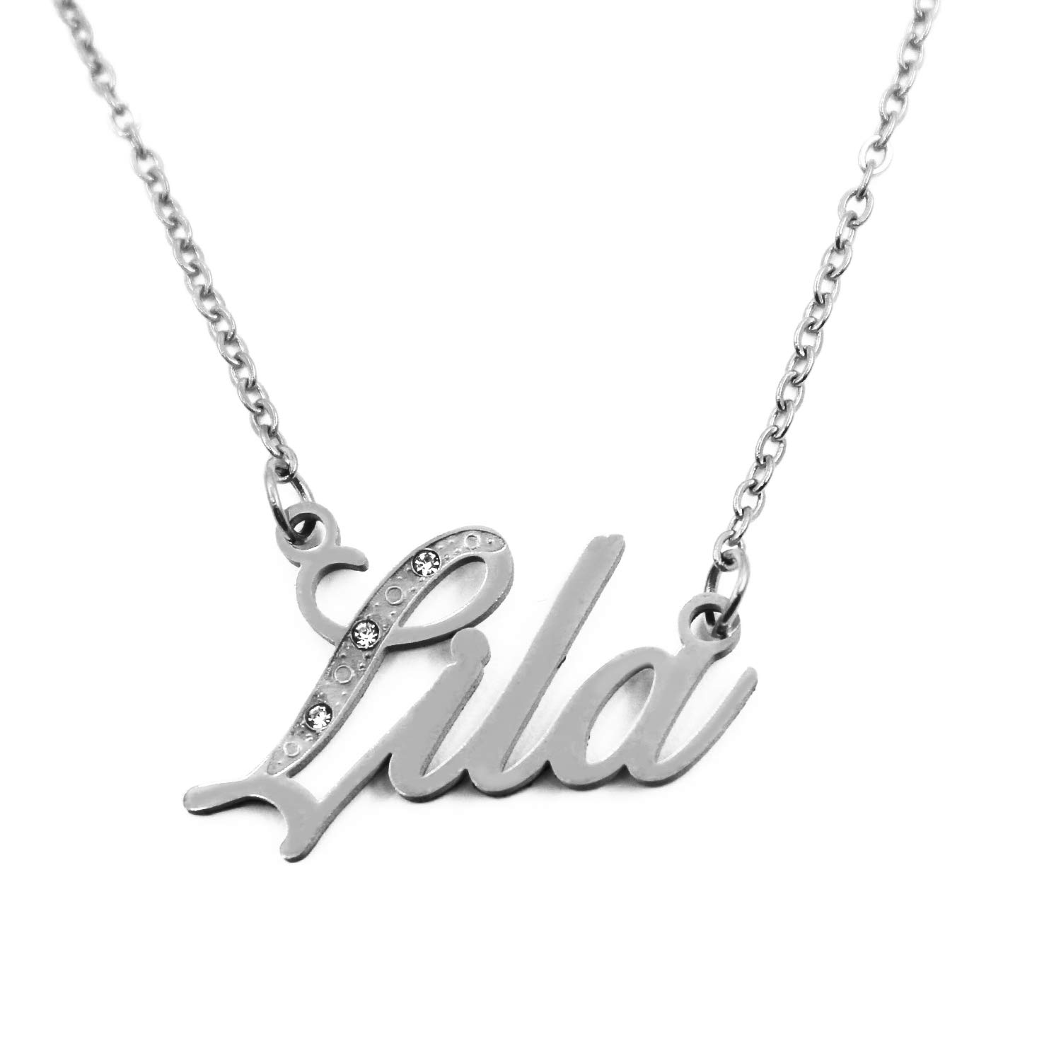 Kigu Lila Name Necklace Personalised Silver Tone, Custom Dainty Name Pendants, Jewellery for Ladies, Girlfriend, Mother, Sister, Friends