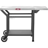 Feasto 43" Lx20 W Grill Table with Folding Side Table &amp; Undershelf, Gray | Stainless Steel Tabletop, Foldable Side Shelf, Sturdy Undershelf, for Pizza Ovens, BBQ Grills, &amp; Prep Work (Hooks Included)