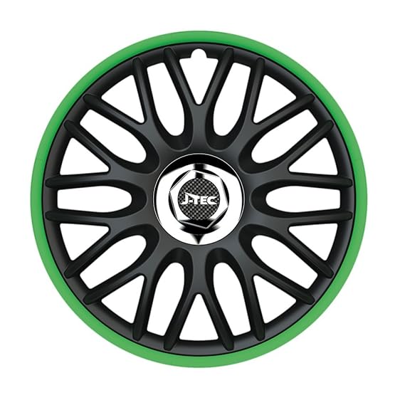 CM DESIGN (Farbring & Größe wählbar) 4 x Schwarze PKW Radkappen Radzierblenden mit Ring Grün. 15 Zoll Orden (Schwarz/Grün) un