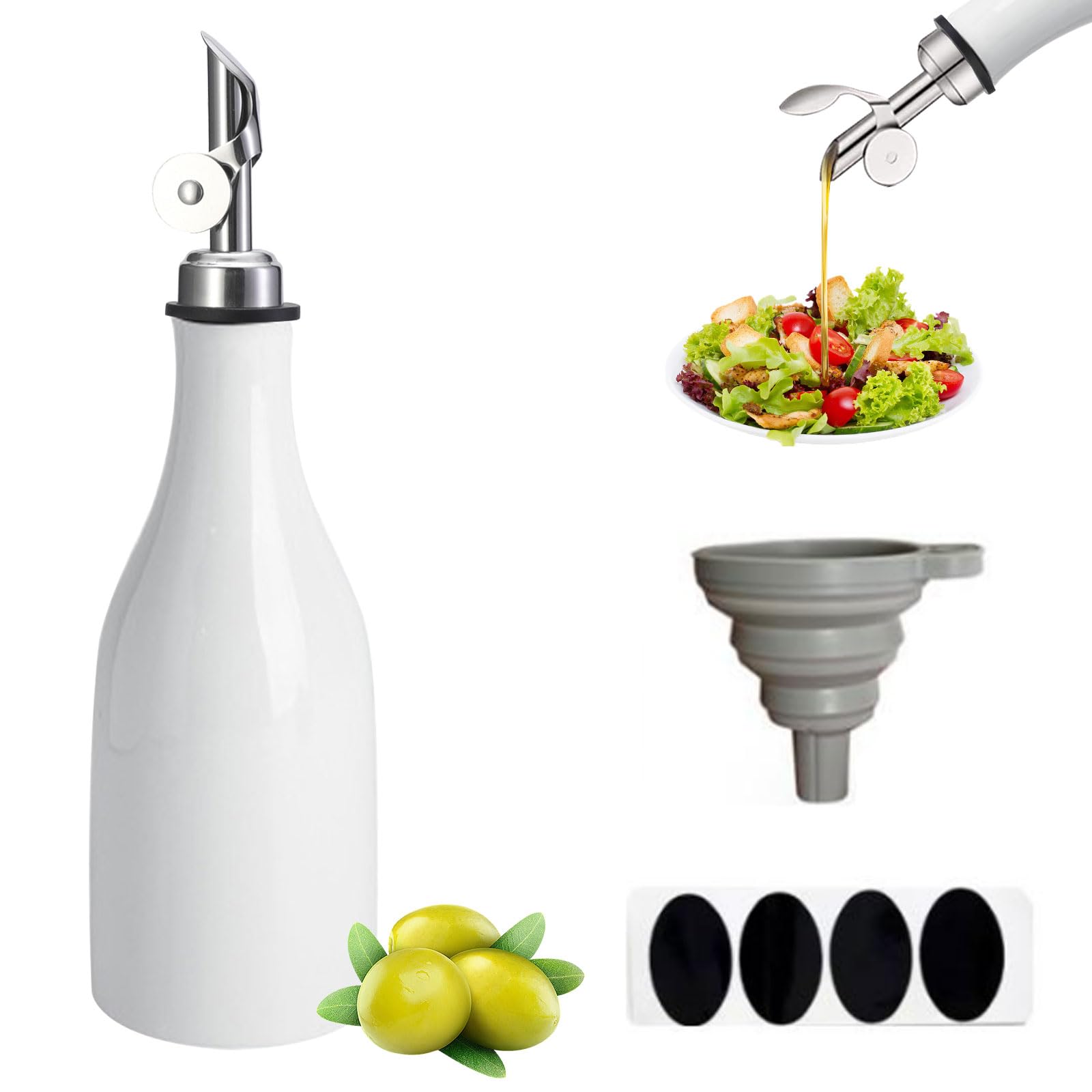 TOWEBOORY 300ML Olive Oil Dispenser Bottle, Opaque Oil Cruet with Spout and Funnel Bottle Dispenser to Reduce Oxidation Stoneware Bottle Dispenser for Storage Vinegar Soy Sauce Other Liquids (White)