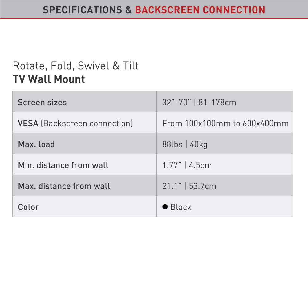 Barkan TV Wall Mount, 32-70 inch Full Motion Articulating - 4 Movement Flat/Curved Screen Bracket, Very Low Profile, Holds up to 88 lbs, Lifetime Limited Warranty, UL Listed, Fits LED OLED LCD
