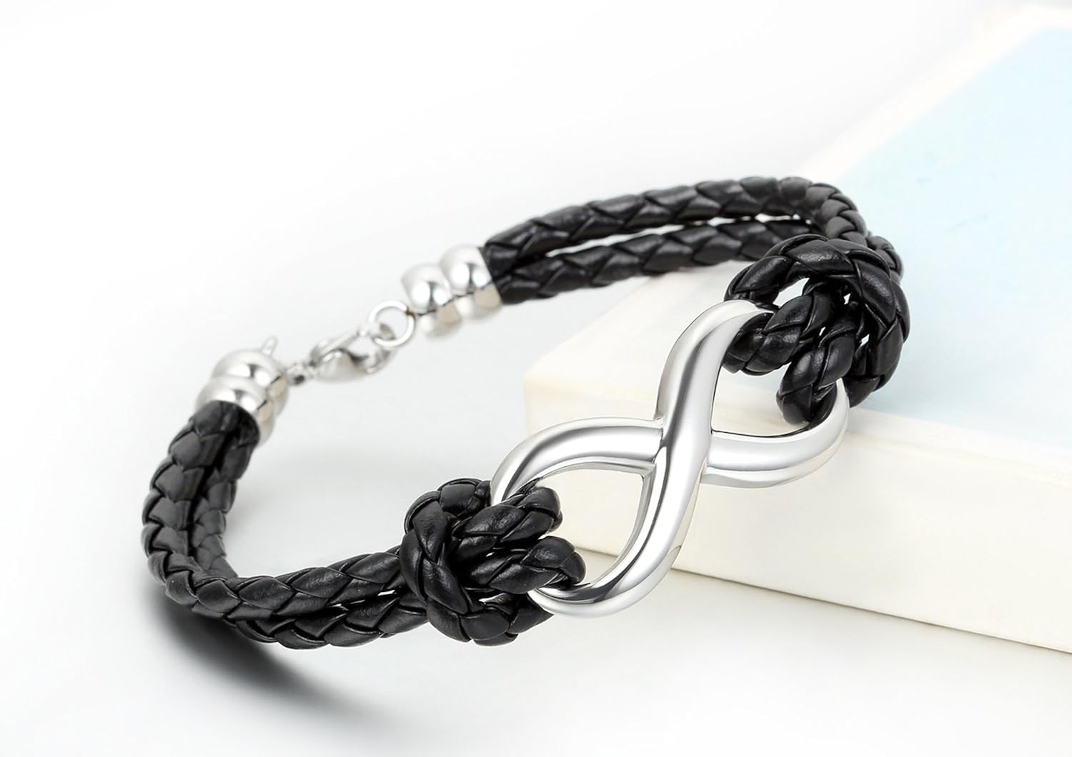 JewelryWe Infinity Love Charm Bangle Leather Stainless Steel Bracelet Men Women, Black - Image 3