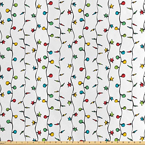 LunarableStar Fabric by The Yard, Christmas on String Star Shape Season Xmas Celebration Theme Print, Decorative Satin Fabric for Home Textiles and Crafts, 3 Yards, Green Vermilion