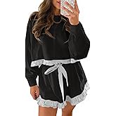 Fisoew Women's 2 Piece Lounge Sets Color Block Ruffle Cropped Sweatshirts Loose Drawstring Waist Shorts Sweatsuits